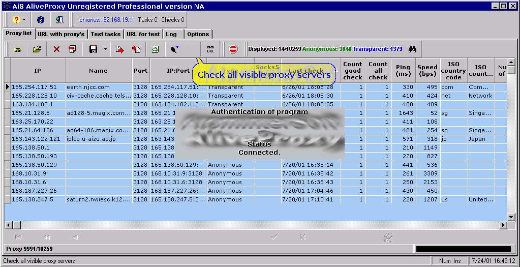 AiS Alive Proxy. Check group of proxies server. Start cheking